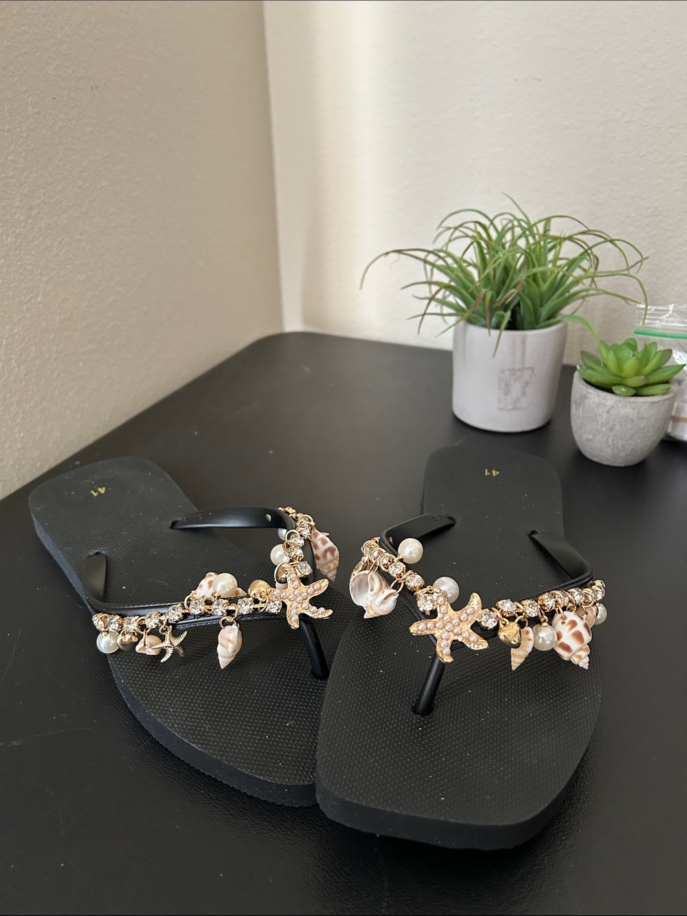 Black Beaded Seashell Flip Flops with Gold Starfish Accents